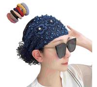 Women's Floral Lace Headwrap,Pearl Encrusted Floral Lace Headband,Stretch Lace Hat,Lace Headband Kerchief (Blue-A)