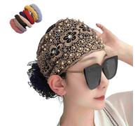 Women's Floral Lace Headwrap,Pearl Encrusted Floral Lace Headband,Stretch Lace Hat,Lace Headband Kerchief (Brown-A)