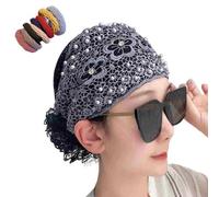 Women's Floral Lace Headwrap,Pearl Encrusted Floral Lace Headband,Stretch Lace Hat,Lace Headband Kerchief (Gray-A)