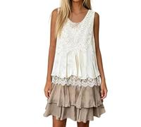Womens Floral Lace Ruffle Tiered Dress - Sleeveless Tiered Knee Length (White,L)