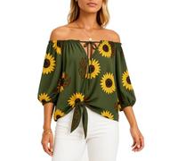 Women's Floral Off Shoulder Blouse Sunflower Print Tie Front Top Summer Casual Lantern Sleeve Shirt Boho Beach Vacation Outfit Green Style