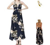 Women's Floral Print Chain Decor Split Thigh Tie Back Cami Dress,Summer Ring Linked Halter Backless Split Beach Maxi Dress (FR/ES, Letras, 3XL, Regular, Regular, Black)