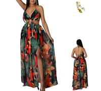 Women's Floral Print Chain Decor Split Thigh Tie Back Cami Dress,Summer Ring Linked Halter Backless Split Beach Maxi Dress (FR/ES, Letras, XL, Regular, Regular, Dark)