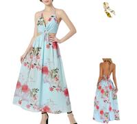 Women's Floral Print Chain Decor Split Thigh Tie Back Cami Dress,Summer Ring Linked Halter Backless Split Beach Maxi Dress (FR/ES, Letras, M, Regular, Regular, Light Blue)