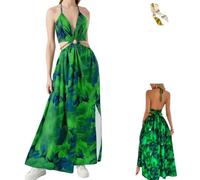 Women's Floral Print Chain Decor Split Thigh Tie Back Cami Dress,Summer Ring Linked Halter Backless Split Beach Maxi Dress (FR/ES, Letras, S, Regular, Regular, Green)
