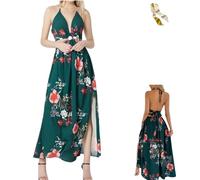 Women's Floral Print Chain Decor Split Thigh Tie Back Cami Dress,Summer Ring Linked Halter Backless Split Beach Maxi Dress (FR/ES, Letras, 3XL, Regular, Regular, Dark Green)