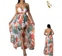 Women's Floral Print Chain Decor Split Thigh Tie Back Cami Dress,Summer Ring Linked Halter Backless Split Beach Maxi Dress (FR/ES, Letras, 3XL, Regular, Regular, Light)