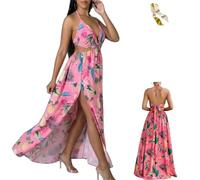 Women's Floral Print Chain Decor Split Thigh Tie Back Cami Dress,Summer Ring Linked Halter Backless Split Beach Maxi Dress (FR/ES, Letras, S, Regular, Regular, Pink)