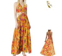 Women's Floral Print Chain Decor Split Thigh Tie Back Cami Dress,Summer Ring Linked Halter Backless Split Beach Maxi Dress (FR/ES, Letras, L, Regular, Regular, Orange)