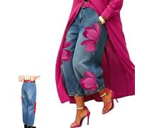Women's Floral Print High Waist Loose Wide Leg Cropped Faux Denim Jeans with Pockets,Floral Print Faux Denim Cropped Pants (FR/ES, Letras, S, Regular, Regular, Purper)