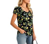 Women's Floral Print Short Sleeve T Shirt Round Neck Loose Fit Casual Summer Top Black Background Yellow Lily Pattern Blouse for Daily Vacation