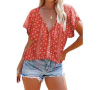 Women's Floral Print Short Sleeve V Neck Button Down Blouse Summer Casual Boho Half Placket Ruffle Tops for Vacation Beach Party Wear