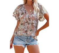 Women's Floral Print Short Sleeve V Neck Button Down Blouse Summer Casual Boho Half Placket Ruffle Tops for Vacation Beach Party Wear