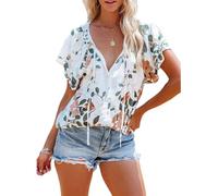 Women's Floral Print Short Sleeve V Neck Button Down Blouse Summer Casual Boho Half Placket Ruffle Tops for Vacation Beach Party Wear