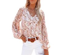 Women's Floral Print V Neck Blouse Long Lantern Sleeve Casual Spring Summer Tops Boho Chic Lightweight Shirt for Ladies Girls Daily