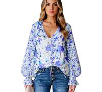 Women's Floral Print V Neck Blouse Long Sleeve Lantern Sleeve Tie Front Flowy Chiffon Shirt Casual Boho Summer Top for Ladies Spring Vacation
