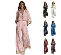 Women's Floral Print Zipper Top Wide Leg Pants Set,Summer Golden Butterfly Print V-Neck 3/4 Sleeve High Waist Matching Outfit，Pink：L