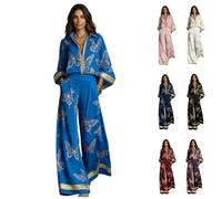 Women's Floral Print Zipper Top Wide Leg Pants Set,Summer Golden Butterfly Print V-Neck 3/4 Sleeve High Waist Matching Outfit，Royal Blue：S