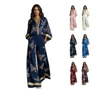 Women's Floral Print Zipper Top Wide Leg Pants Set,Summer Golden Butterfly Print V-Neck 3/4 Sleeve High Waist Matching Outfit，Navy Blue：XL