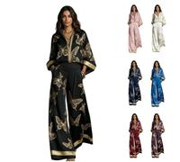 Women's Floral Print Zipper Top Wide Leg Pants Set,Summer Golden Butterfly Print V-Neck 3/4 Sleeve High Waist Matching Outfit，Black：XS