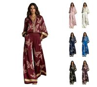 Women's Floral Print Zipper Top Wide Leg Pants Set,Summer Golden Butterfly Print V-Neck 3/4 Sleeve High Waist Matching Outfit，Burgundy：XS
