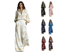 Women's Floral Print Zipper Top Wide Leg Pants Set,Summer Golden Butterfly Print V-Neck 3/4 Sleeve High Waist Matching Outfit，White：S