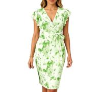 Women's Floral Wrap Dress Summer V Neck Ruffle Short Sleeve Tie Waist Bodycon Midi Dress Elegant Party Vacation Beach Sundress Pink Red Flower Print