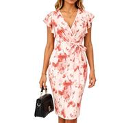 Women's Floral Wrap Dress Summer V Neck Ruffle Short Sleeve Tie Waist Bodycon Midi Dress Elegant Party Vacation Beach Sundress Pink Red Flower Print