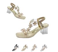 Womens Flower Rhinestone Block Heel Sandals, Fashion Elastic Ankle Strap, Summer Sexy Open Toe Square Toe High Heels (Gold, 38)