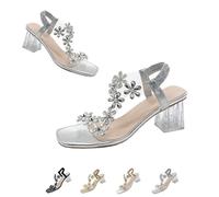 Womens Flower Rhinestone Block Heel Sandals, Fashion Elastic Ankle Strap, Summer Sexy Open Toe Square Toe High Heels (Sliver, 38)