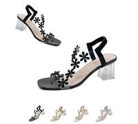 Womens Flower Rhinestone Block Heel Sandals, Fashion Elastic Ankle Strap, Summer Sexy Open Toe Square Toe High Heels (Black, 40)