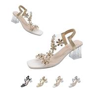 Womens Flower Rhinestone Block Heel Sandals, Fashion Elastic Ankle Strap, Summer Sexy Open Toe Square Toe High Heels (Beige, 41)