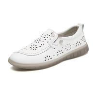 Women's Flower Shaped Cutout Leather Sneakers Arch Support Thick Sole Wedge Soft Elastic Comfortable Slip-On Loafers Casual Walking Shoes (White,36)