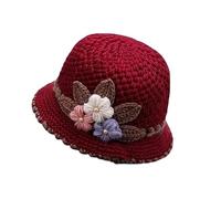 Women's Flowers Knitted Woolen Hat, French Thicken Women's Flowers Knitted-Woolen-Hat, Fashion Windproof Warm Bucekt Hats (Wine Red)
