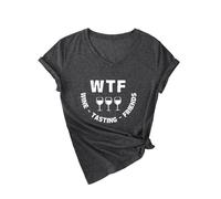 Women's Funny Wine Tasting V Neck T Shirt Cute WTF Wine Tasting Friends Graphic tee Short Sleeve Casual Summer Top for Girls Ladies Red Knot Hem