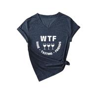 Women's Funny Wine Tasting V Neck T Shirt Cute WTF Wine Tasting Friends Graphic tee Short Sleeve Casual Summer Top for Girls Ladies Red Knot Hem