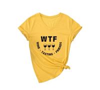 Women's Funny Wine Tasting V Neck T Shirt Cute WTF Wine Tasting Friends Graphic tee Short Sleeve Casual Summer Top for Girls Ladies Red Knot Hem
