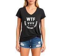 Women's Funny Wine Tasting V Neck T Shirt Cute WTF Wine Tasting Friends Graphic tee Short Sleeve Casual Summer Top for Girls Ladies Red Knot Hem