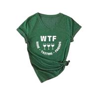 Women's Funny Wine Tasting V Neck T Shirt Cute WTF Wine Tasting Friends Graphic tee Short Sleeve Casual Summer Top for Girls Ladies Red Knot Hem