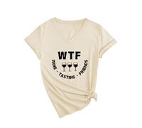 Women's Funny Wine Tasting V Neck T Shirt Cute WTF Wine Tasting Friends Graphic tee Short Sleeve Casual Summer Top for Girls Ladies Red Knot Hem
