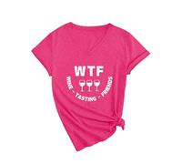 Women's Funny Wine Tasting V Neck T Shirt Cute WTF Wine Tasting Friends Graphic tee Short Sleeve Casual Summer Top for Girls Ladies Red Knot Hem