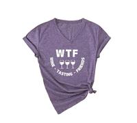 Women's Funny Wine Tasting V Neck T Shirt Cute WTF Wine Tasting Friends Graphic tee Short Sleeve Casual Summer Top for Girls Ladies Red Knot Hem