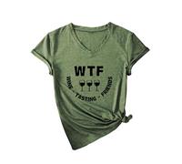 Women's Funny Wine Tasting V Neck T Shirt Cute WTF Wine Tasting Friends Graphic tee Short Sleeve Casual Summer Top for Girls Ladies Red Knot Hem