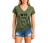Women's Funny Wine Tasting V Neck T Shirt Cute WTF Wine Tasting Friends Graphic tee Short Sleeve Casual Summer Top for Girls Ladies Red Knot Hem