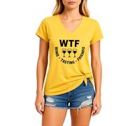 Women's Funny Wine Tasting V Neck T Shirt Cute WTF Wine Tasting Friends Graphic tee Short Sleeve Casual Summer Top for Girls Ladies Red Knot Hem