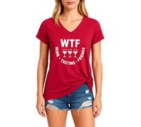 Women's Funny Wine Tasting V Neck T Shirt Cute WTF Wine Tasting Friends Graphic tee Short Sleeve Casual Summer Top for Girls Ladies Red Knot Hem