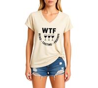 Women's Funny Wine Tasting V Neck T Shirt Cute WTF Wine Tasting Friends Graphic tee Short Sleeve Casual Summer Top for Girls Ladies Red Knot Hem