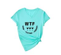 Women's Funny Wine Tasting V Neck T Shirt Cute WTF Wine Tasting Friends Graphic tee Short Sleeve Casual Summer Top for Girls Ladies Red Knot Hem