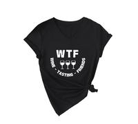 Women's Funny Wine Tasting V Neck T Shirt Cute WTF Wine Tasting Friends Graphic tee Short Sleeve Casual Summer Top for Girls Ladies Red Knot Hem