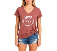 Women's Funny Wine Tasting V Neck T Shirt Cute WTF Wine Tasting Friends Graphic tee Short Sleeve Casual Summer Top for Girls Ladies Red Knot Hem